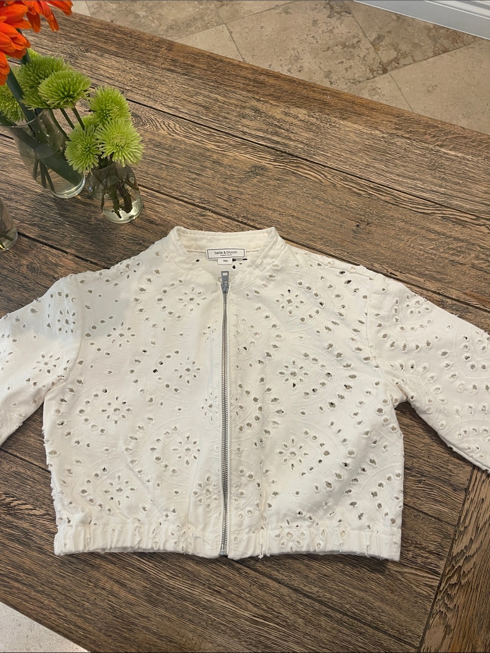 White Eyelet Zip-Front Kids Jean Jacket